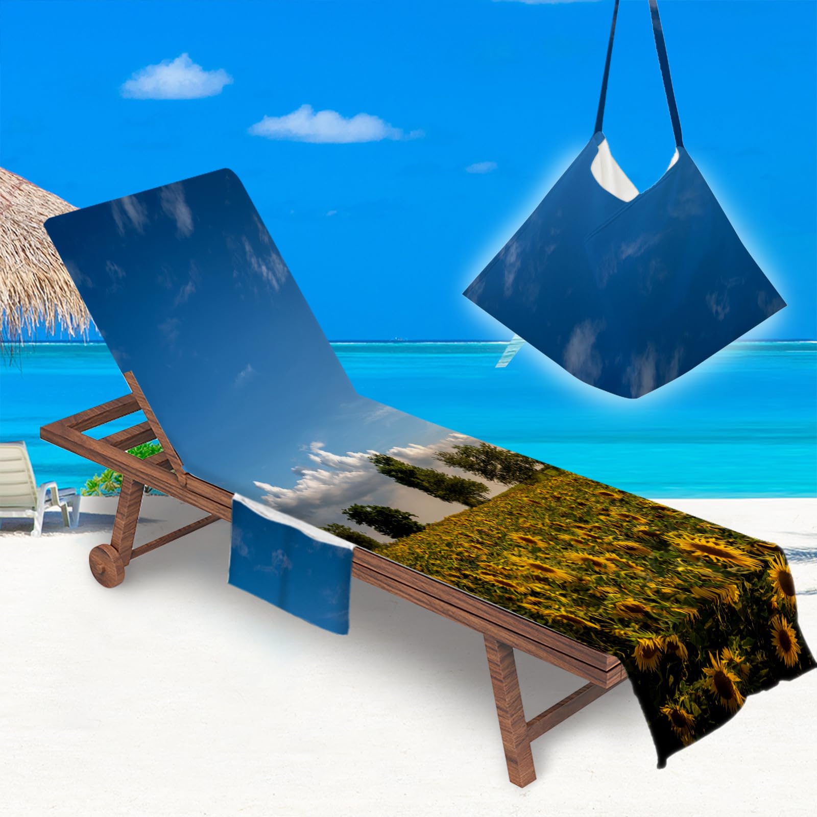 Sun Lounger Beach Towel with Pockets, Sunflower Pattern Beach Lounger Towel Beach Chair Cover Towel Fitted Microfiber Sunbed Towel Sun Lounger Towels for Summer Vacation (Sunflower Field)