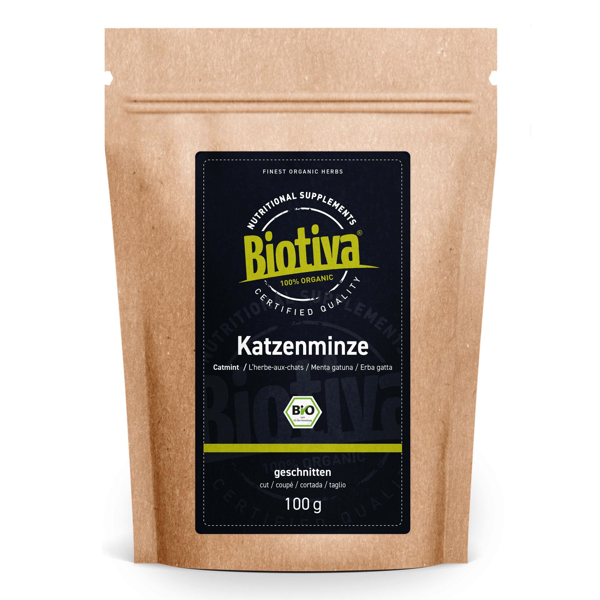 Biotiva Hierba de los gatos orgánica cortada 100 g - nepeta cataria - menta gatuna - albahaca de gatos - llenada y verificada en Alemania (DE-ÖKO-005)