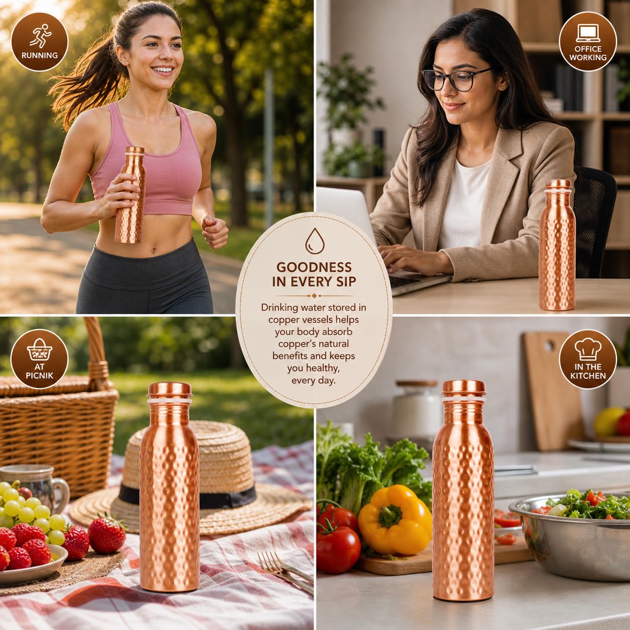 Bouteille d'eau en cuivre pur Fabriquée à la main Petite taille de 425 ml facile à transporter pour le sport, Finition en cuivre martelé naturel