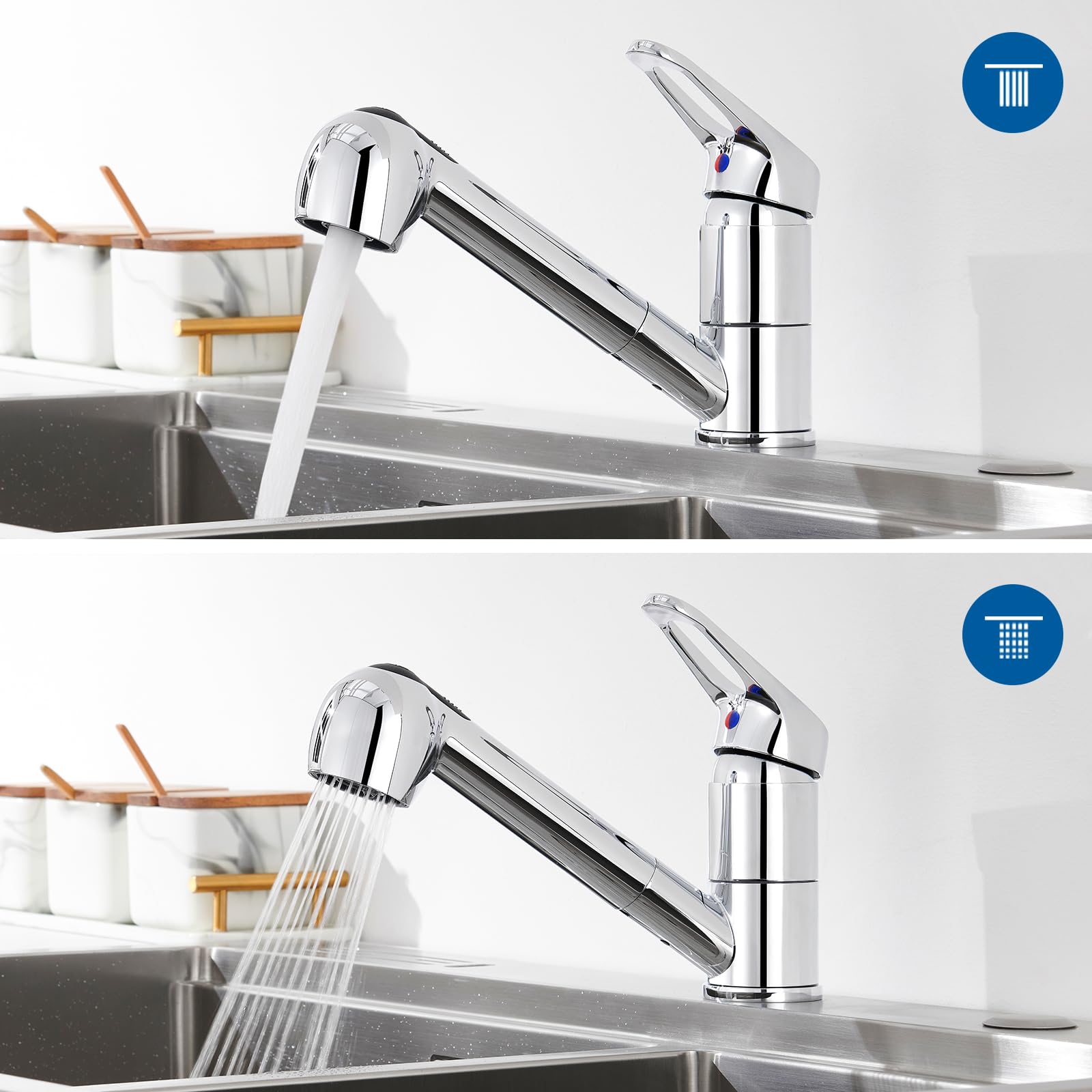 Auralum Niederdruck Armatur Küche, Wasserhahn Küche Ausziehbar, Küchenarmatur Niederdruck mit Brause Zwei Wasserstrahlarten, 360° Drehbar Mischbatterie Küche, Wasserhahn mit 3 anschluessen für Boiler