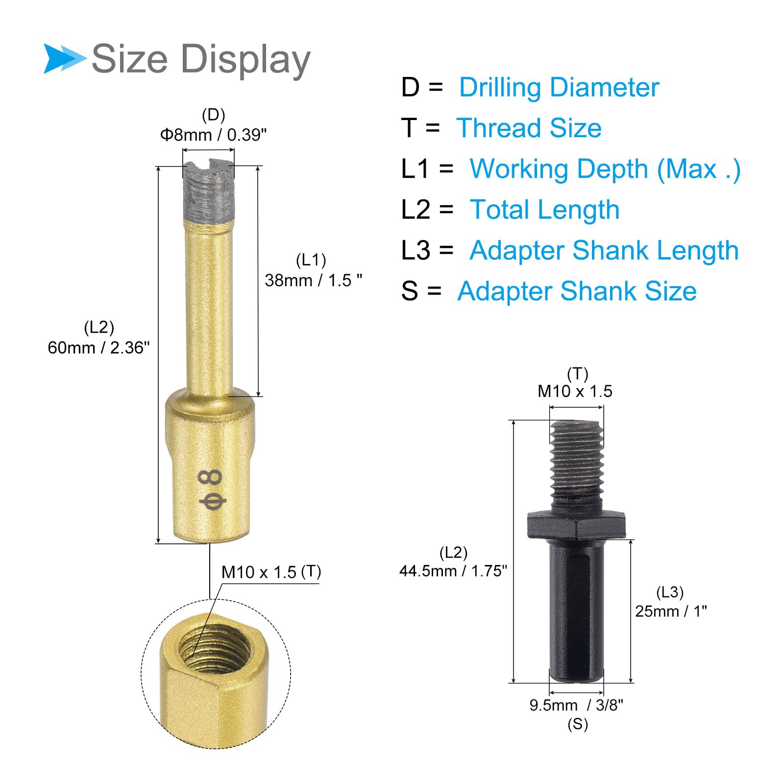 CoCud Diamond Drill Bits Set, 8mm Cutting Diameter, Brazed Diamond Core Drill Bits with M10 Arbor Adapter - Image 2