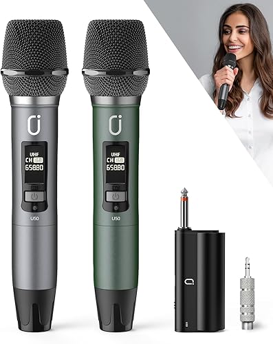 HWWR Micrófonos inalámbricos, micrófonos duales UHF profesionales para karaoke, sistema de micrófono dinámico inalámbrico con receptor recargable,