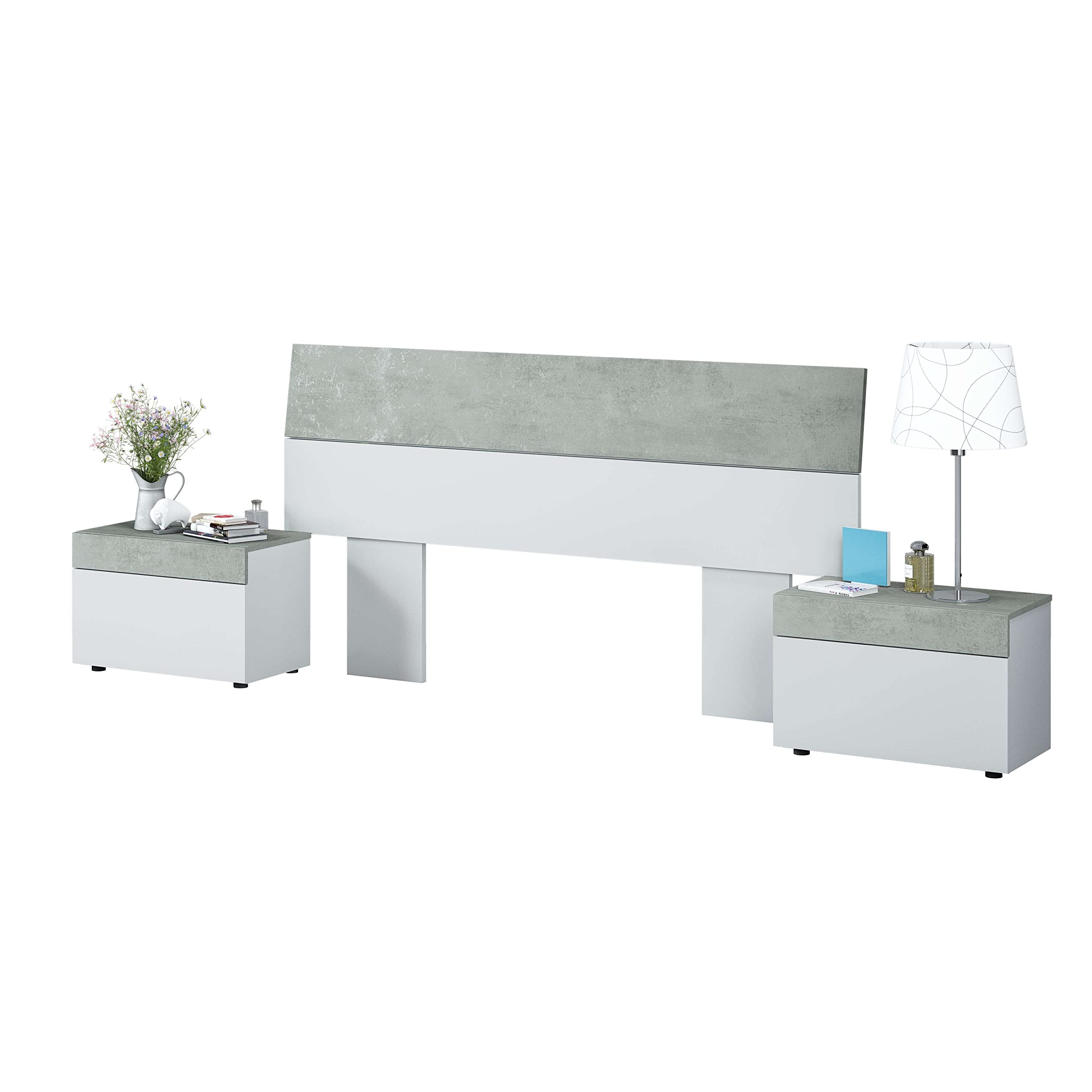 Miroytengo Conjunto Dormitorio Completo Habitación Principal Color Blanco Artik y Cemento (cabecero + 2 mesitas + Armario + Zapatero)