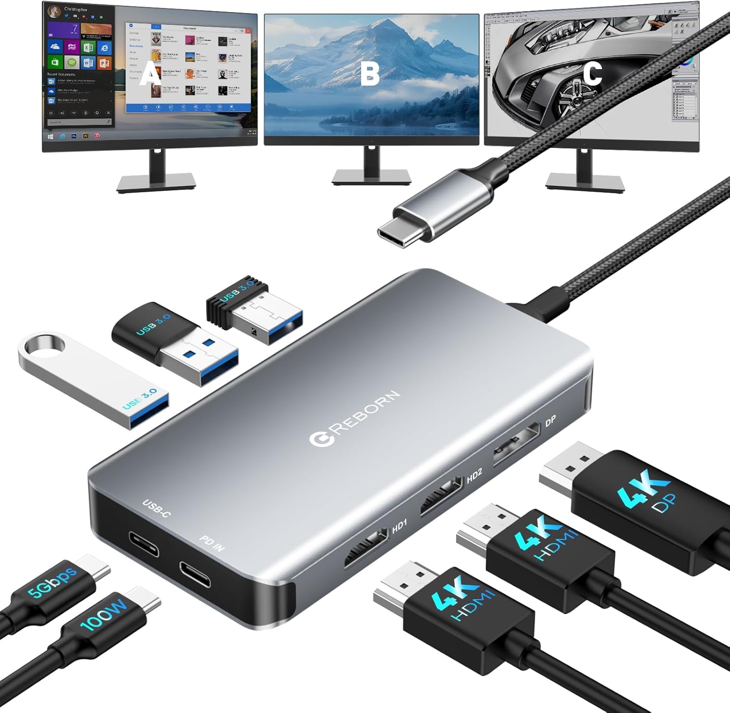Hub USB-C Reborn 8 en 1, Estación de Acoplamiento Dual Monitor