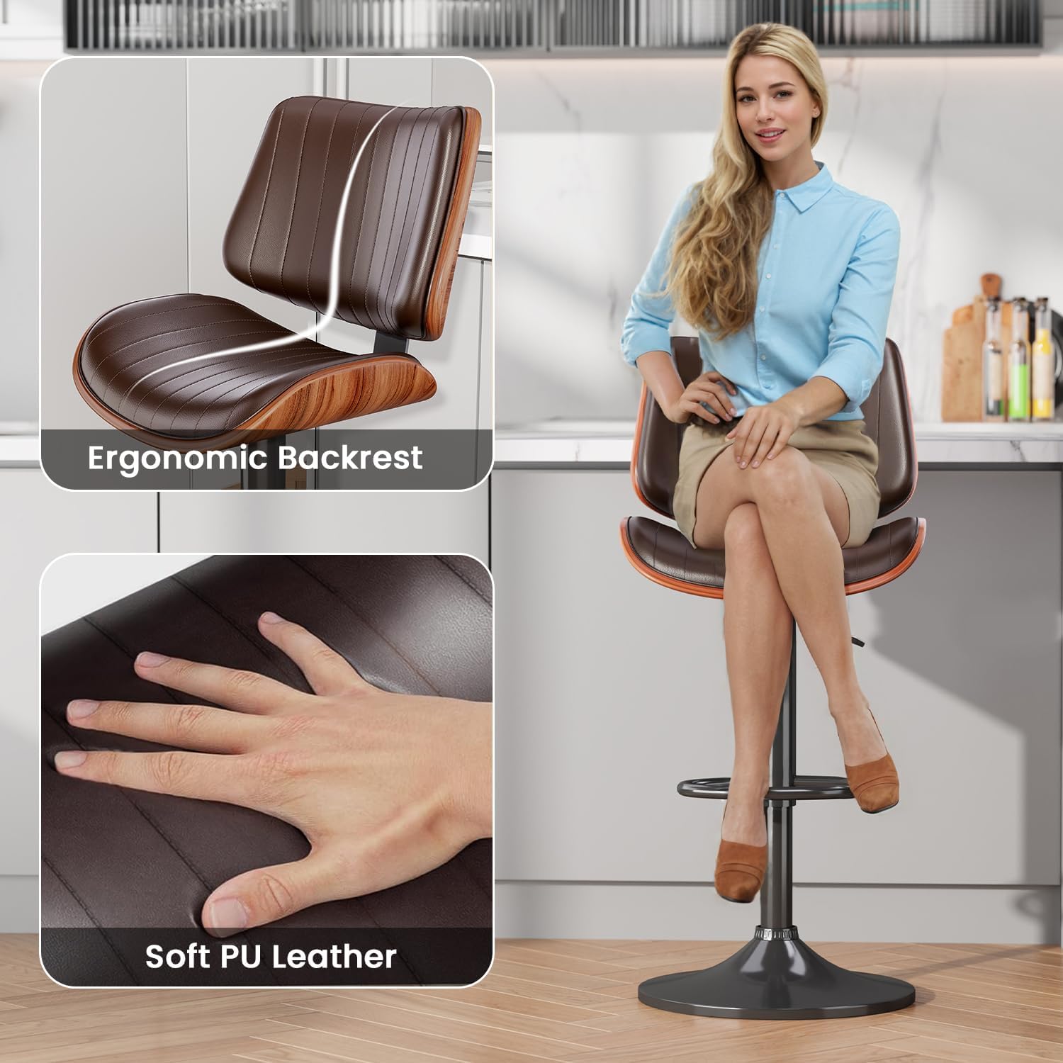 REONEY Swivel Bar Stools Set of 3, Adjustable Bentwood Barstools for Kitchen Counter, Modern PU Leather Upholstered Bar Chair with Back and Footrest, for Kitchen Island, Bar, Dining Room, Brown