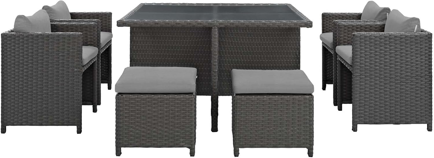 Modway Sojourn Wicker Rattan Outdoor Patio Sunbrella Fabric, 9-pc Dining Set in Canvas Gray