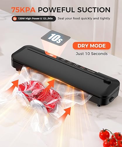 Miniatura 3 de Sellador al vacío de 75 Kpa para alimentos, máquina compacta 6 en 1 selladora al vacío de alimentos con temporizador digital, modos húmedoseco,