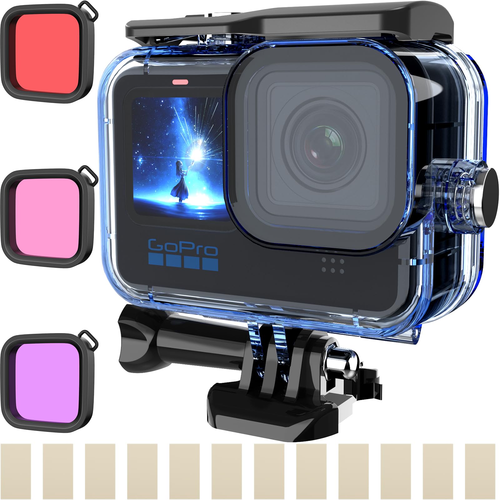 HONGDAKBlue Waterproof Case for GoPro Hero12/11/10/9, Underwater Diving Housing with 3 Pack Filters and Quick Release Mount