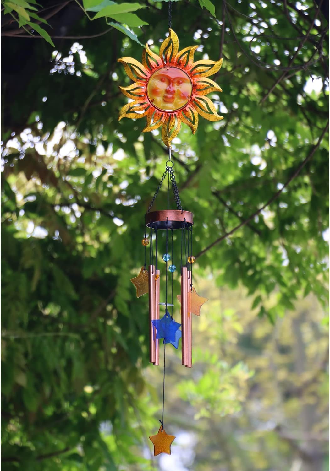 Sun Face Wind Chimes for Outside Valentine Decoration, Aluminum Tubes with Star Shape Suncatcher, Wind Chimes Hanging for Porch Patio Balcony Decor, 37 Inch