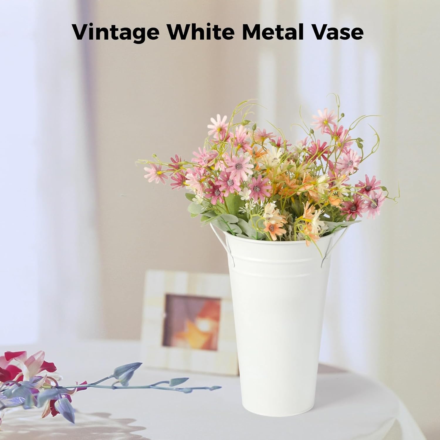 12 Pcs White Flower Buckets, Galvanized Metal Vases,9.8 Inches Flower Vase with Handles, French Flower Bucket，Rustic Farmhouse Vases for Home Decor Wedding Table Centerpiece