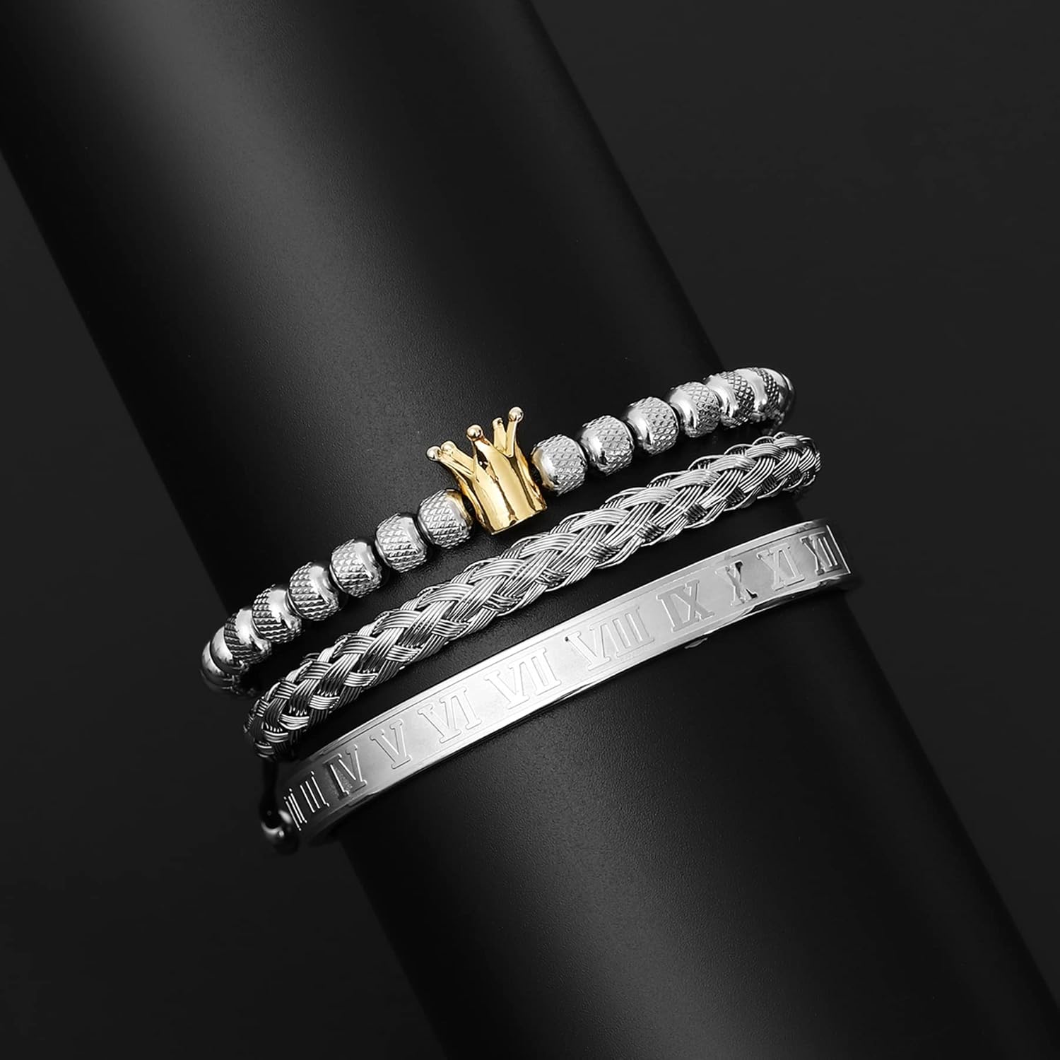 WFYOU 3PCS Stainless Steel Imperial Crown Bracelets for Men Gold Roman Numeral Bangle Bracelet Adjustable Cuff Bracelet Mens Luxury Jewelry Gifts - Image 7