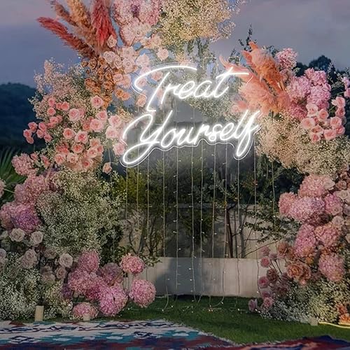 Miniatura 5 de Letrero de neón con texto en inglés "Treat Yourself", 21.65 x 15.7 pulgadas, letreros de luz de neón personalizados para dormitorio para pared,