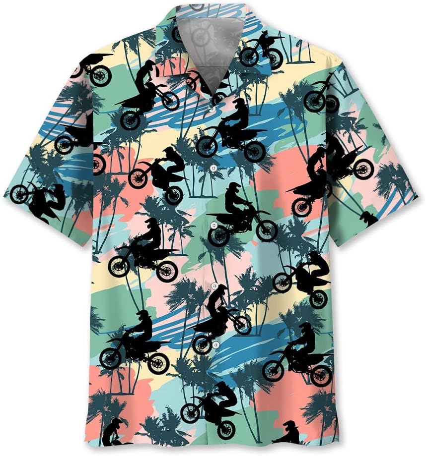 Motocross Racing Shirts for Men Dirtbike Short Sleeve Aloha Button Down Shirt - Mens Dirt Bike Gifts