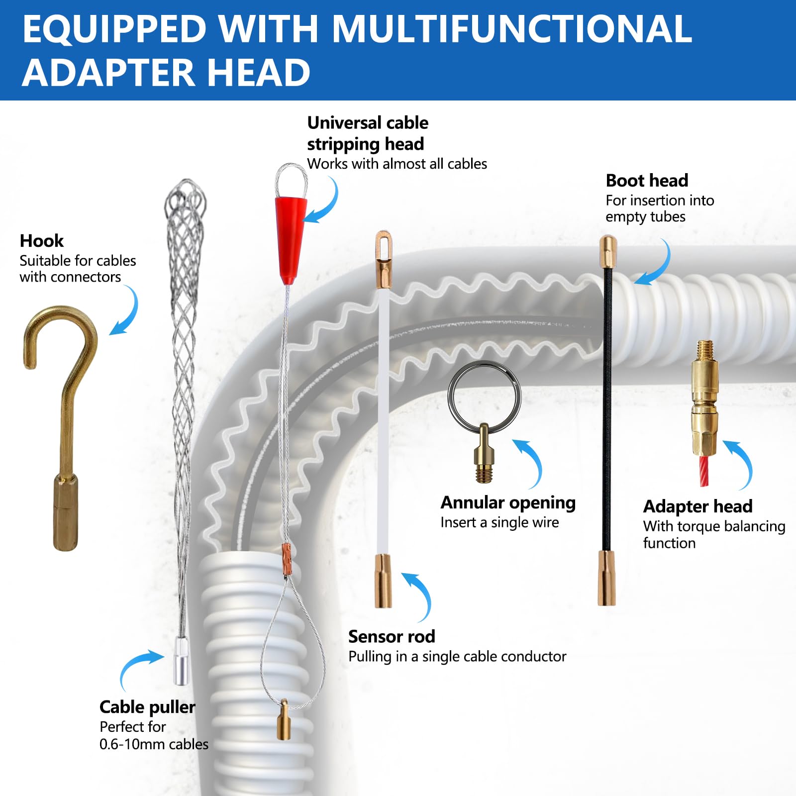 Ayudante de inserción de cable de fibra de vidrio de 30m con cable de 4mm, ayudante de inserción de cable con cabeza de cobre y 6 adaptadores, resorte de inserción, cable de tracción para tubos vacíos