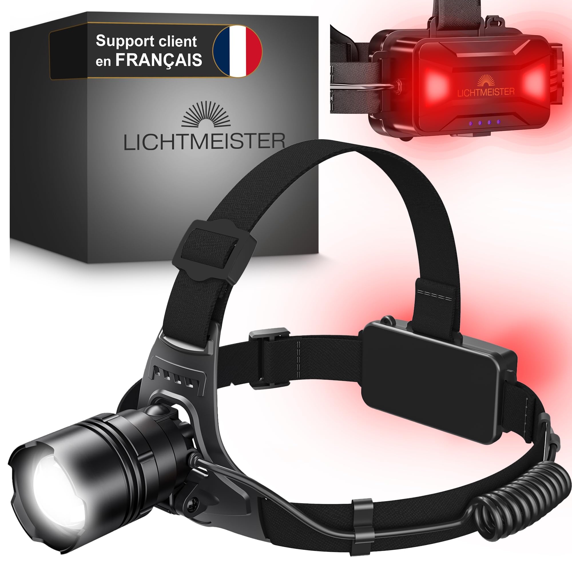 LICHTMEISTER® Lampe frontale LED ultra puissante (2500 lumens, batterie 8000 mAh) - avec lumière arrière - rechargeable - IP44