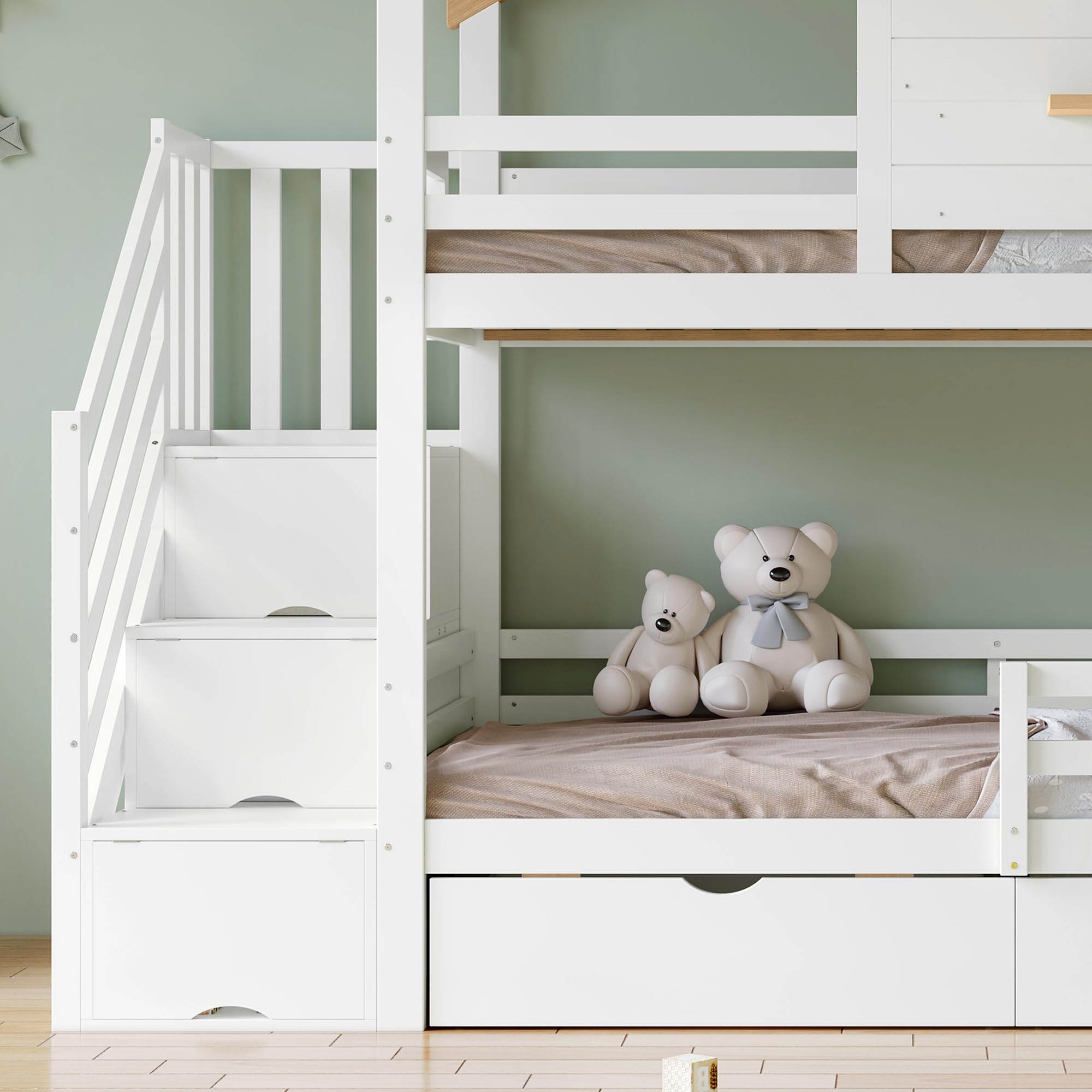 Litera Infantil para Niños 90x200 cm, Cama Alta con 2 Cajone, Litera Doble Matrimonio con Escalera Espacios de Almacenamiento, Cama Infantilen Forma de Casa con Ventana que se abre, Sin colchón