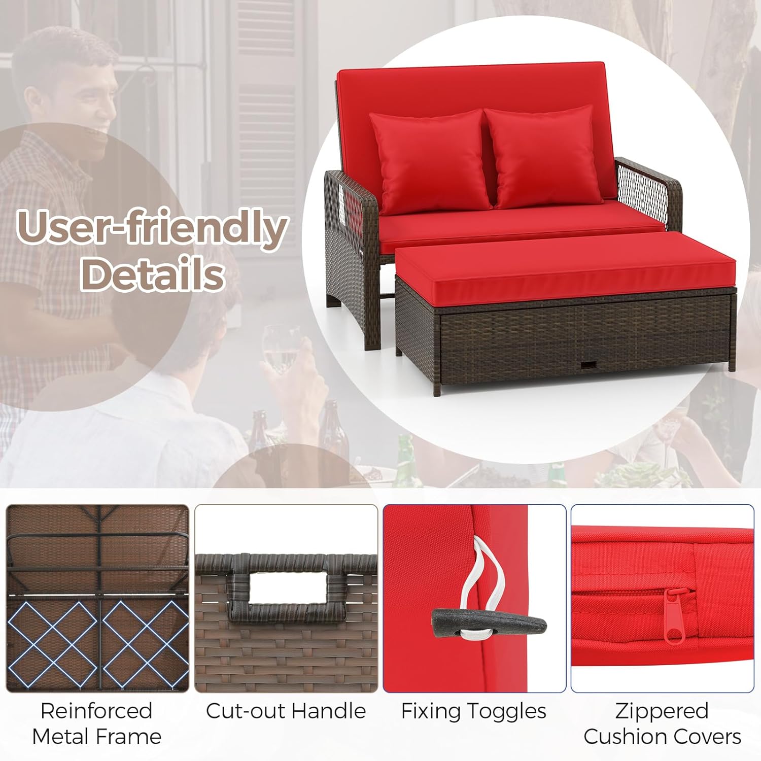 LDAILY Moccha Outdoor Daybed, PE Rattan Double Chaise Lounge w/ 4-Level Adjustable Back, Storage Ottoman, Cushions & Pillows, Separated Seating, Wicker Sunbed for Garden Patio Furniture Set (Red)