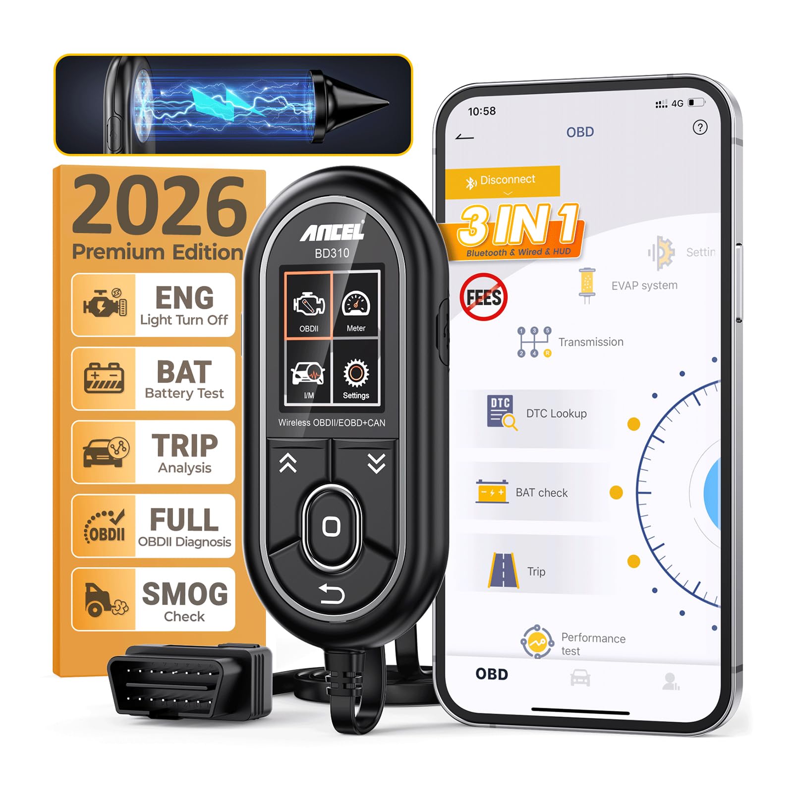 ANCEL BD310 OBD2 Scanner Bluetooth - OBD2 Scanner Diagnostic Tool for Car - App Based OBDII Scan Tool for Android & iPhone - Check Engine Light Vehicle Code Reader