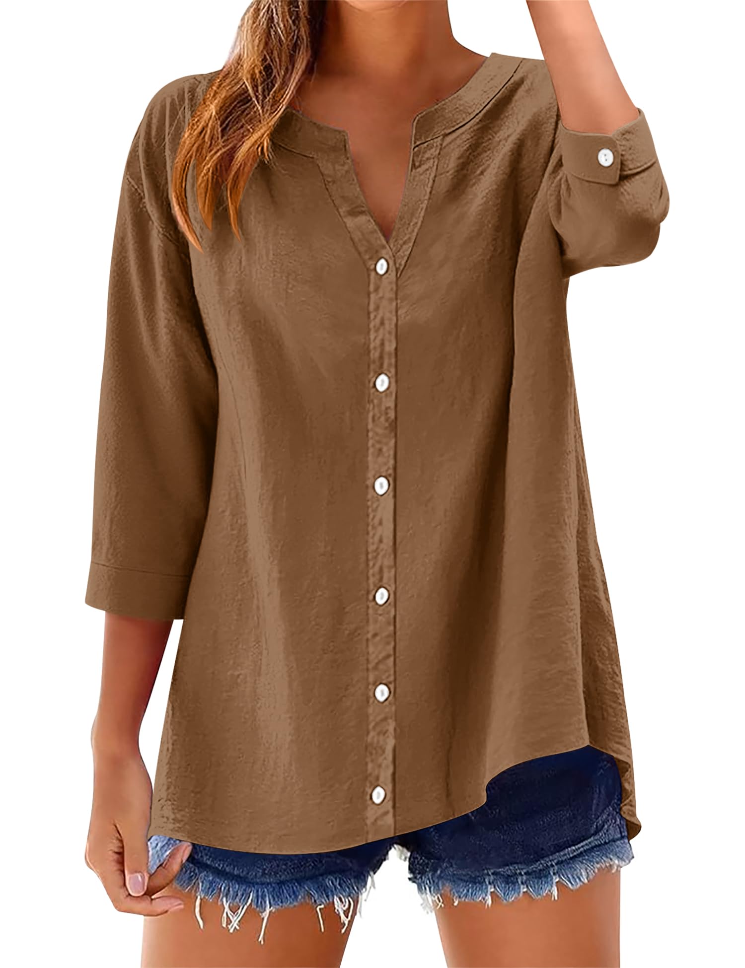 Rapbin Damen Bluse 3/4 Ärmel Baumwolle Leinenbluse V-Ausschnitt Knopfleiste | Leinen Bluse Damen Tunika Hemd Casual Locker Aufrollbare Ärmel