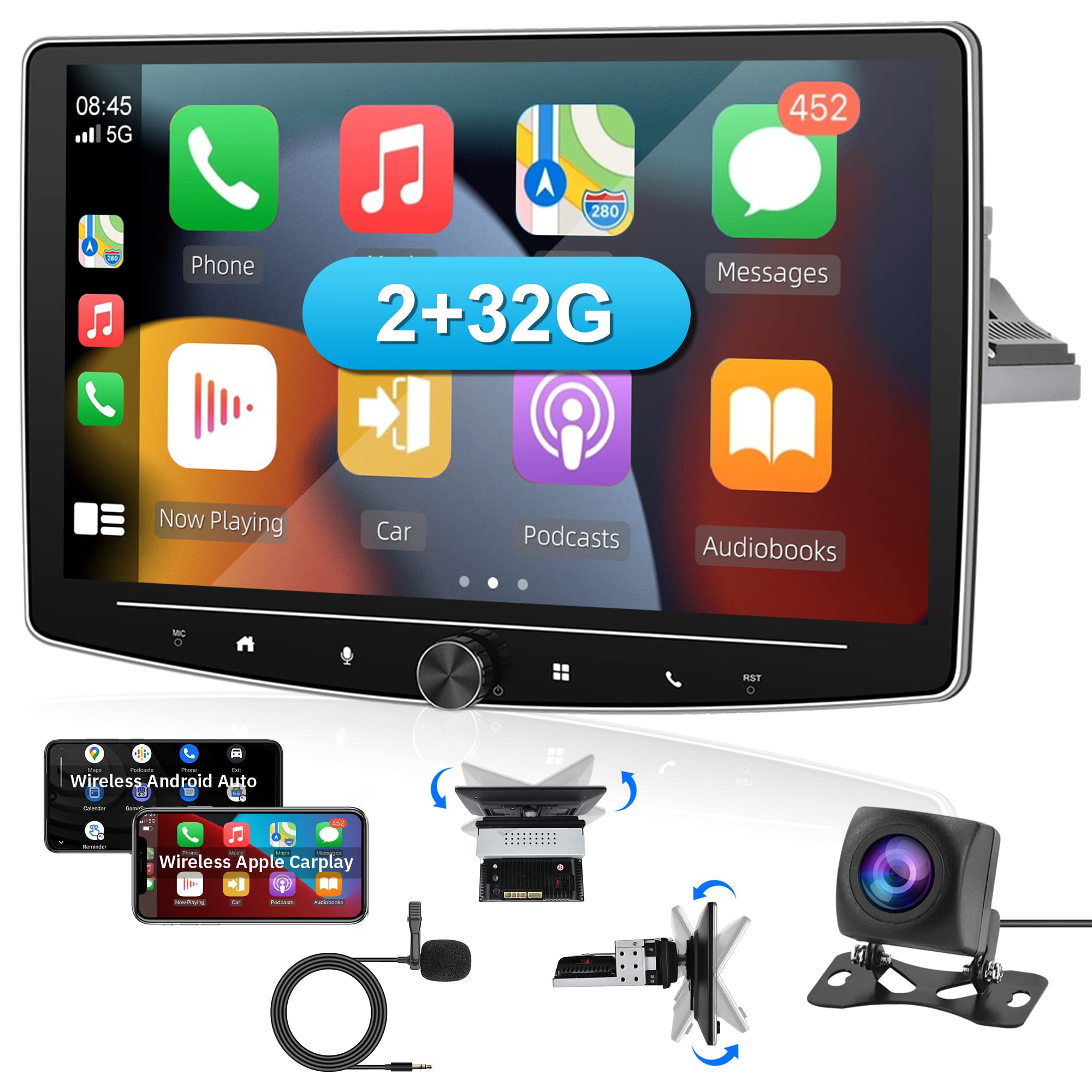 2G 32G Single Din Apple CarPlay Car Stereo Android 1 Din Touchscreen Car Radio, Rimoody 10.1 Inch Rotatable Screen Head Unit with WiFi GPS Navigation Bluetooth FM Radio + Backup Camera