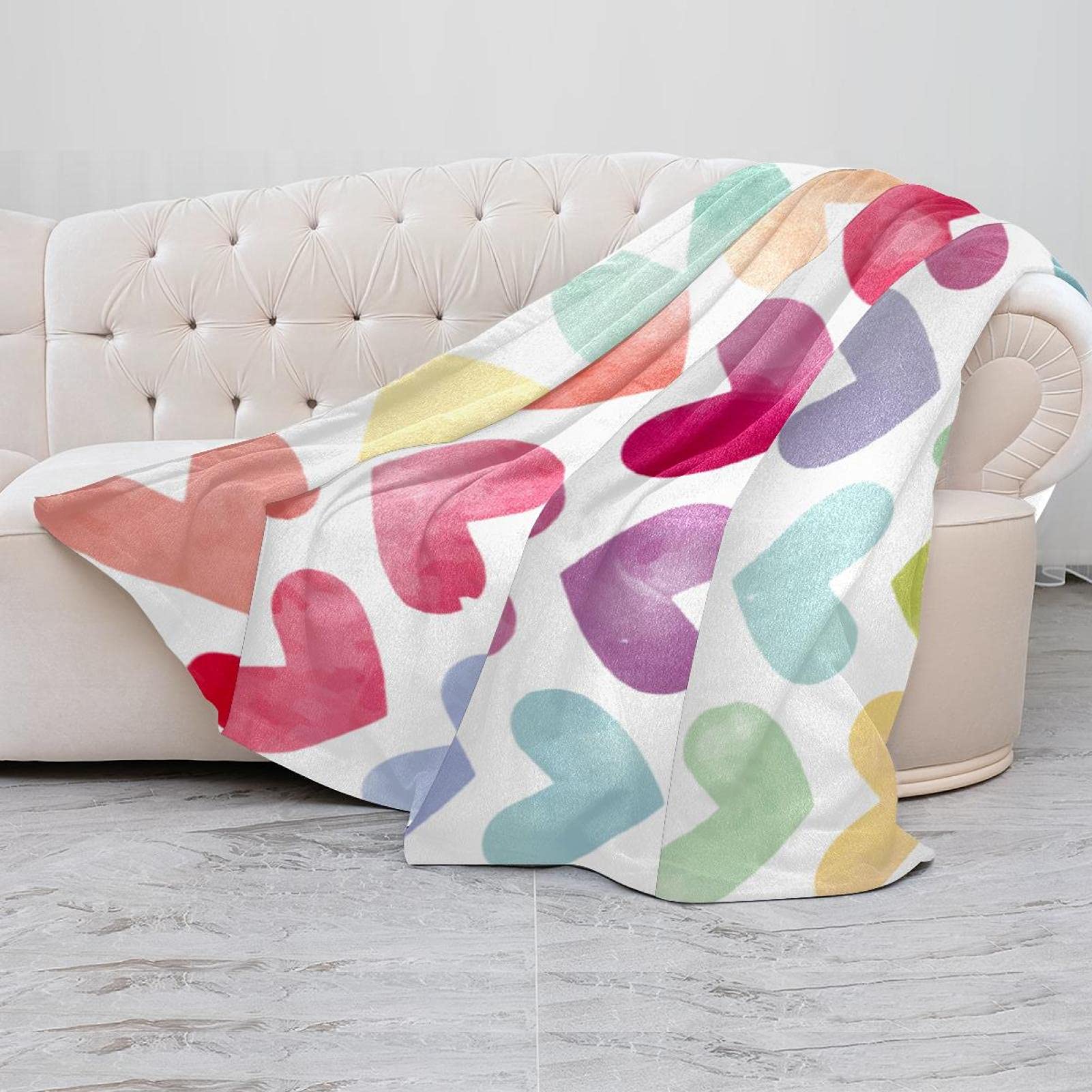 Coperta in pile, super morbida e lussuosa, motivo a cuori ad acquerello