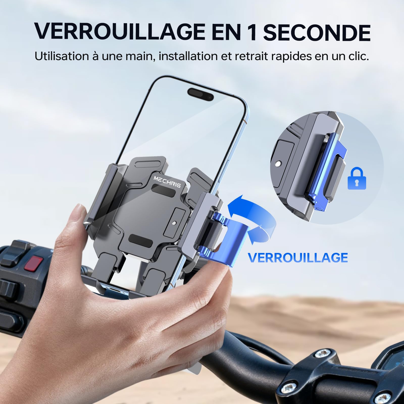QX002 Support de téléphone pour moto avec amortisseur de vibrations (comprend une super pince + bras double prise + support de téléphone tout en un) réglable à 360 ° et support de téléphone en
