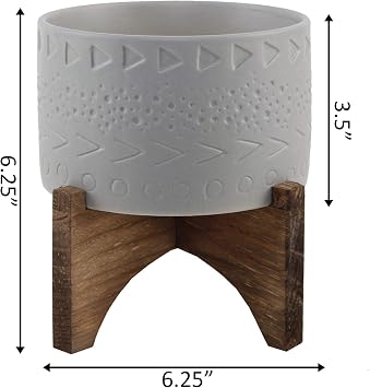 Flora Bunda Mid-Century 5 Inch Caveman Texture Ceramic Planter on Wood Stand, Grey Caveman 5