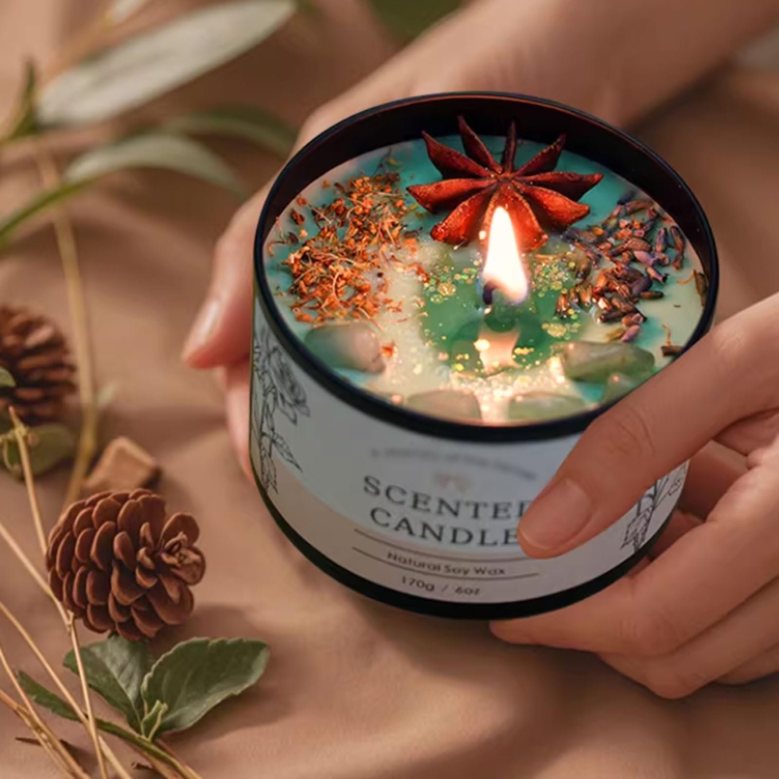 Compacto Velas de lámina de hierro, velas en tarro reutilizables con cristales y flores secas, hechas con cera de soja y aceites esenciales botánicos no es picante(Osmanthus Green Tea)