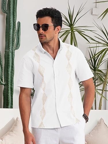 Miniatura 3 de Makkrom Camisas de guayabera cubana para hombre, camisa de lino de manga corta con botones de algodón mexicano para boda