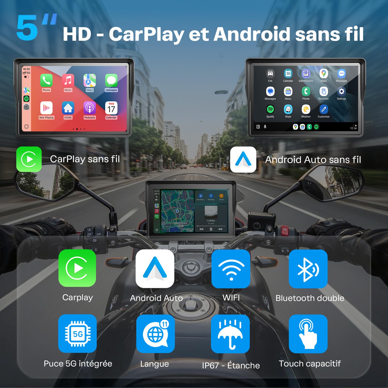 WonVon Sistema di navigazione GPS Carplay per moto da 5 pollici con Apple Carplay e schermo portatile automatico Android con Dual Bluetooth, navigazione, Siri, Google Assistant