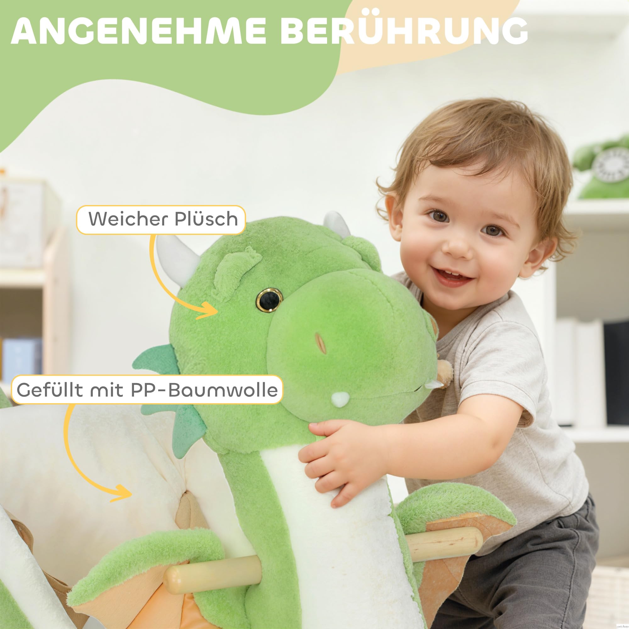 AIYAPLAY Koń na biegunach, Dinozaur, Interaktywne dźwięki zwierząt, Miękka wyściółka, Drewniana rama, Pas bezpieczeństwa, Plusz, dla dzieci 1,5-3 lat, maks. 25 kg, Zielony