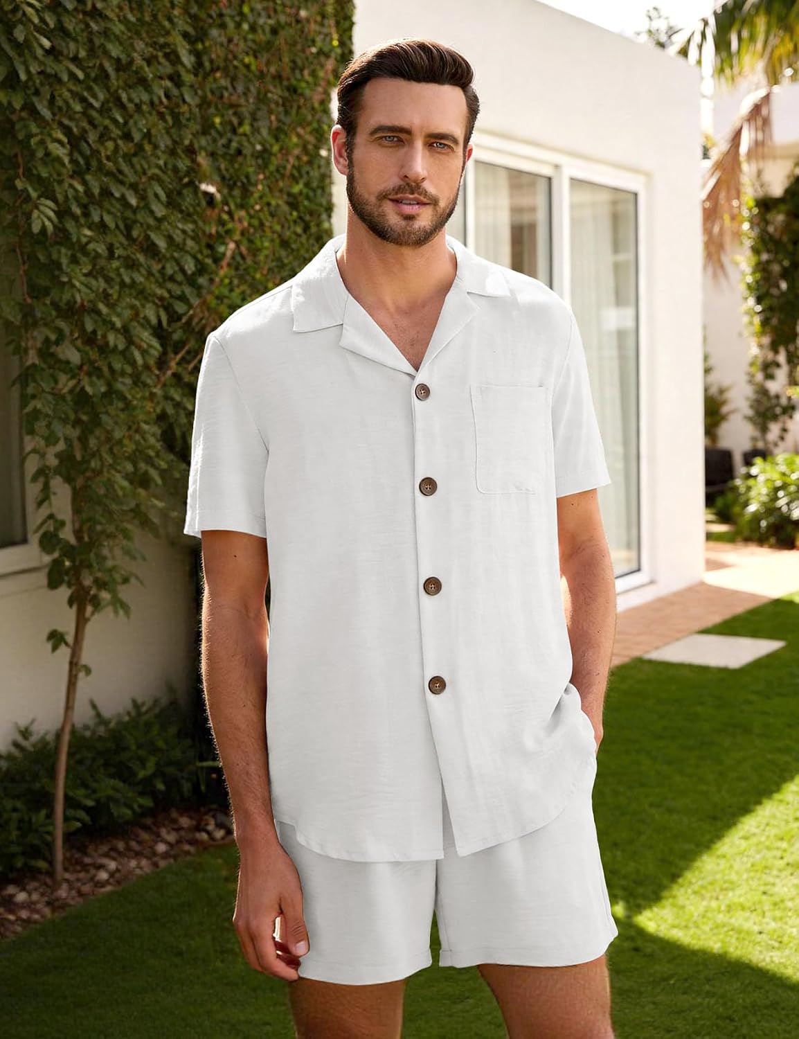 Flygo Mens 2 Piece Summer Short Sets Beach Vacation Texture Outfits Short Sleeve Button Down Shirts Shorts Loungewear Set