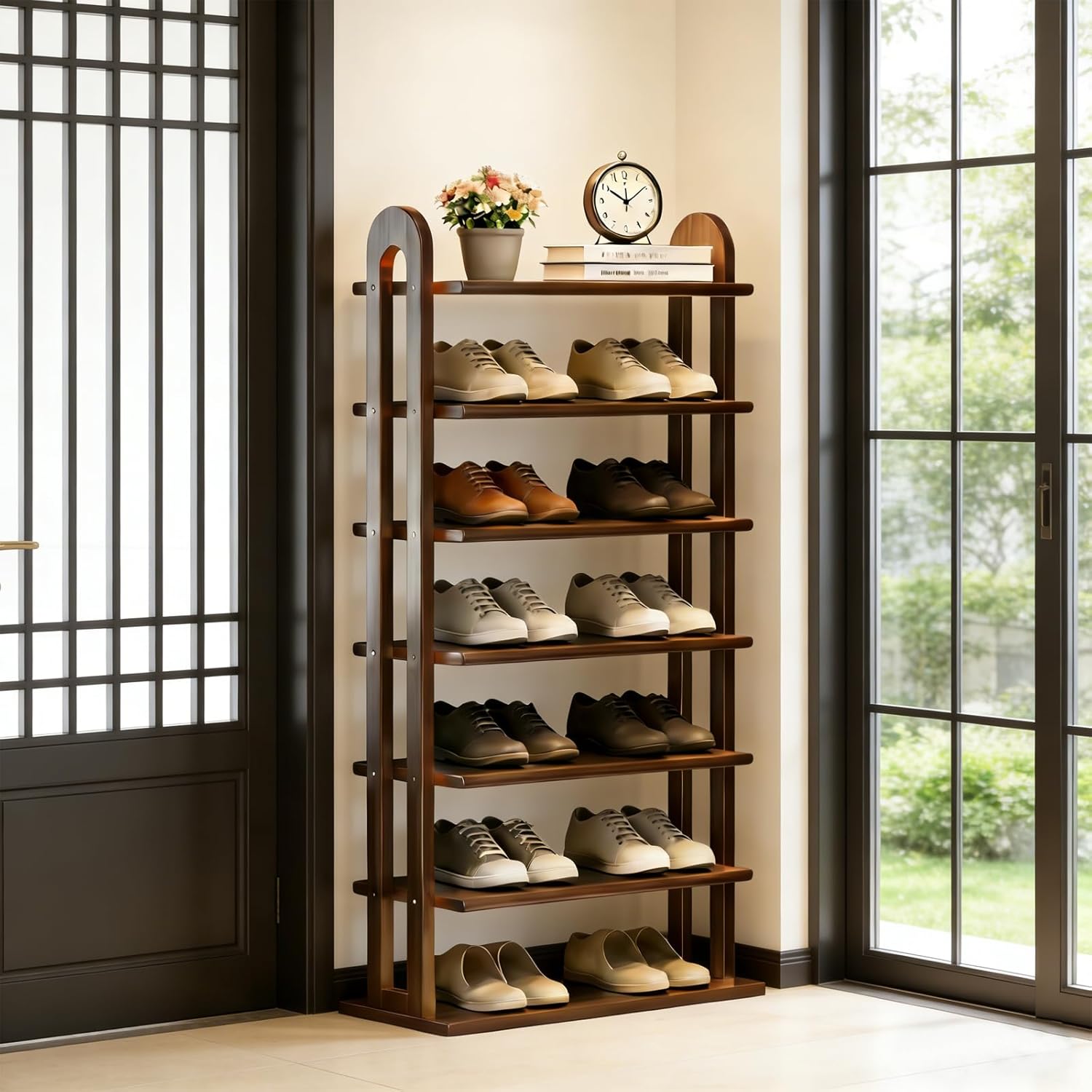 7-Tier Shoe Rack, 14 Pairs of Shoes, Made of Solid Wood, Tall Shoe Shelf with Removable Shelves, Suitable for Corners, Entryways, Wardrobes, and Doorways, (Walnut)