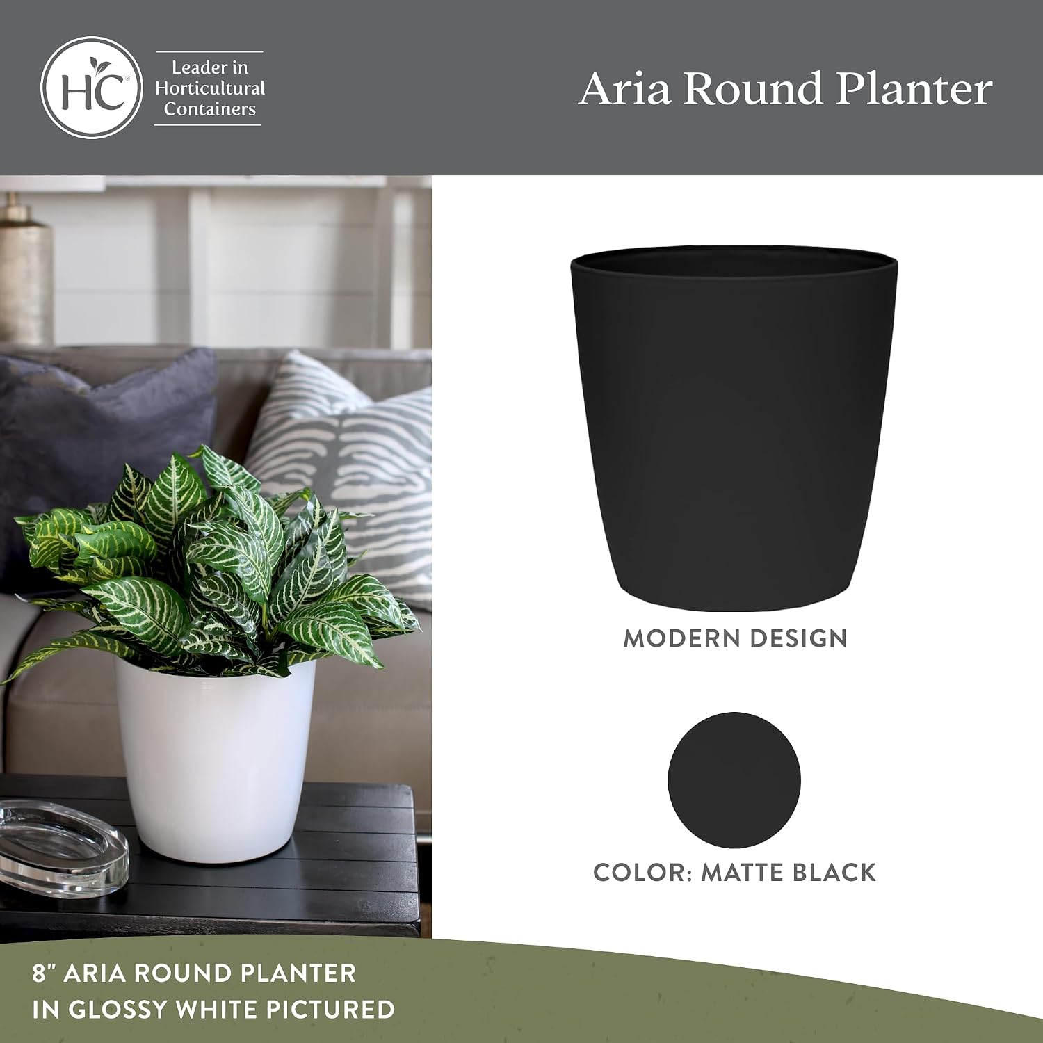 The HC Companies Aria Round Self-Watering Pot - Lightweight Plastic Planter for Herbs & More - Durable Plant Pots for Indoor Plants & Outdoor Plants (8" Matte Black, Pack of 1)