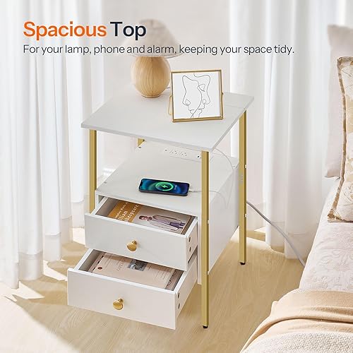 Miniatura 22 de HOOBRO Mesa auxiliar con estación de carga, mesita de noche con 2 cajones, puertos USB y tomas de corriente, mesita de noche para espacios pequeños,