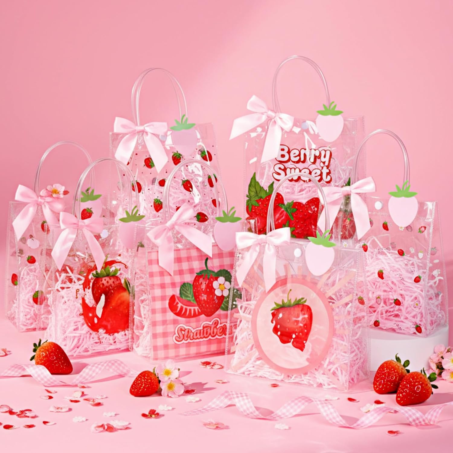 Sweetude 24 Set Strawberry Clear Gift Bags Candy Bag with Handle 8 x 8 x 3 Inch Cute Reusable Plastic Tote Bags with Ribbon Bows for Wedding Birthday Baby Shower Party Supplies