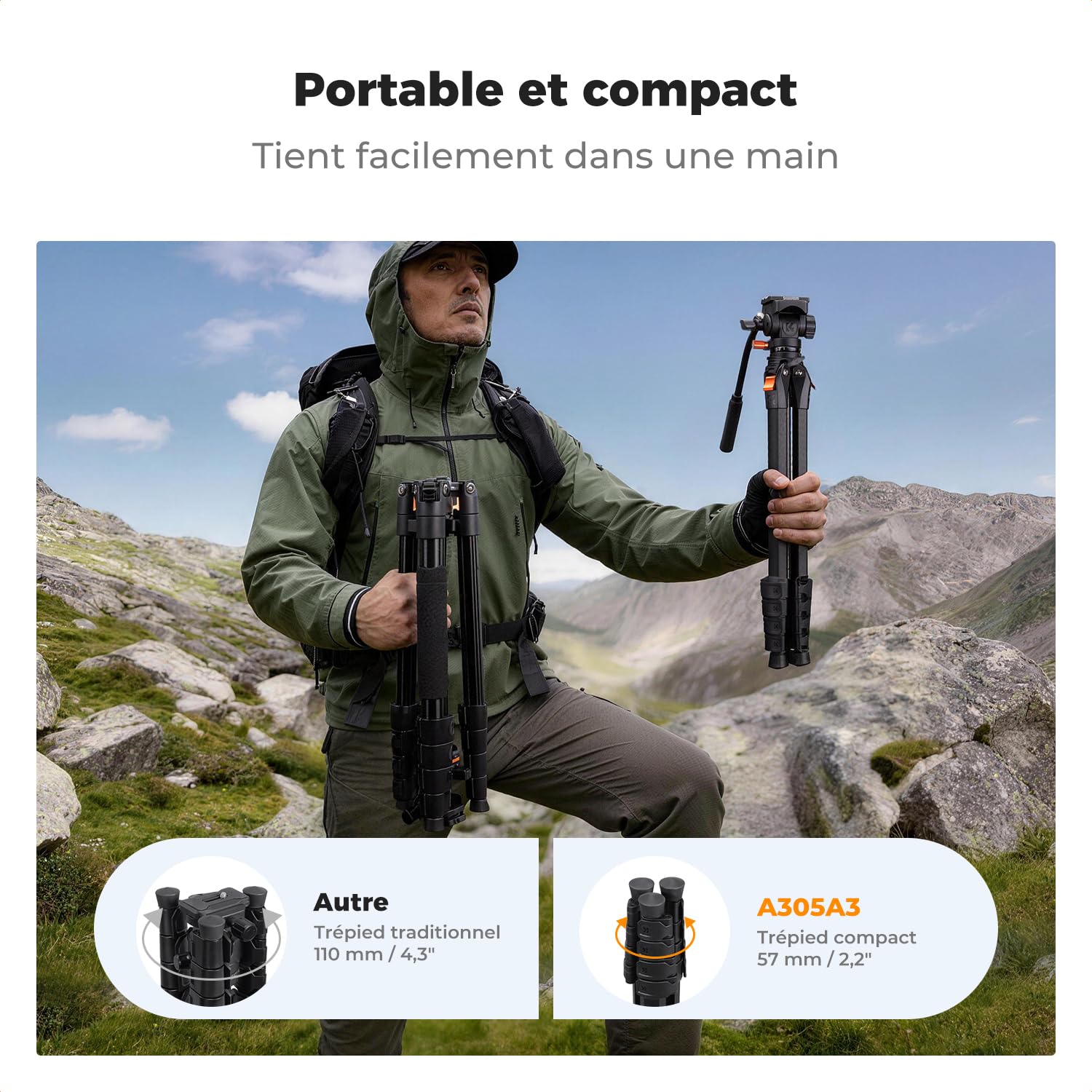 K&F Concept Trépied Aluminium 186cm avec Tête Fluide | Portable léger, pour DSLR/hybride/caméscope/streaming/vlog, charge 3kg, Air - A305A3+FH-04