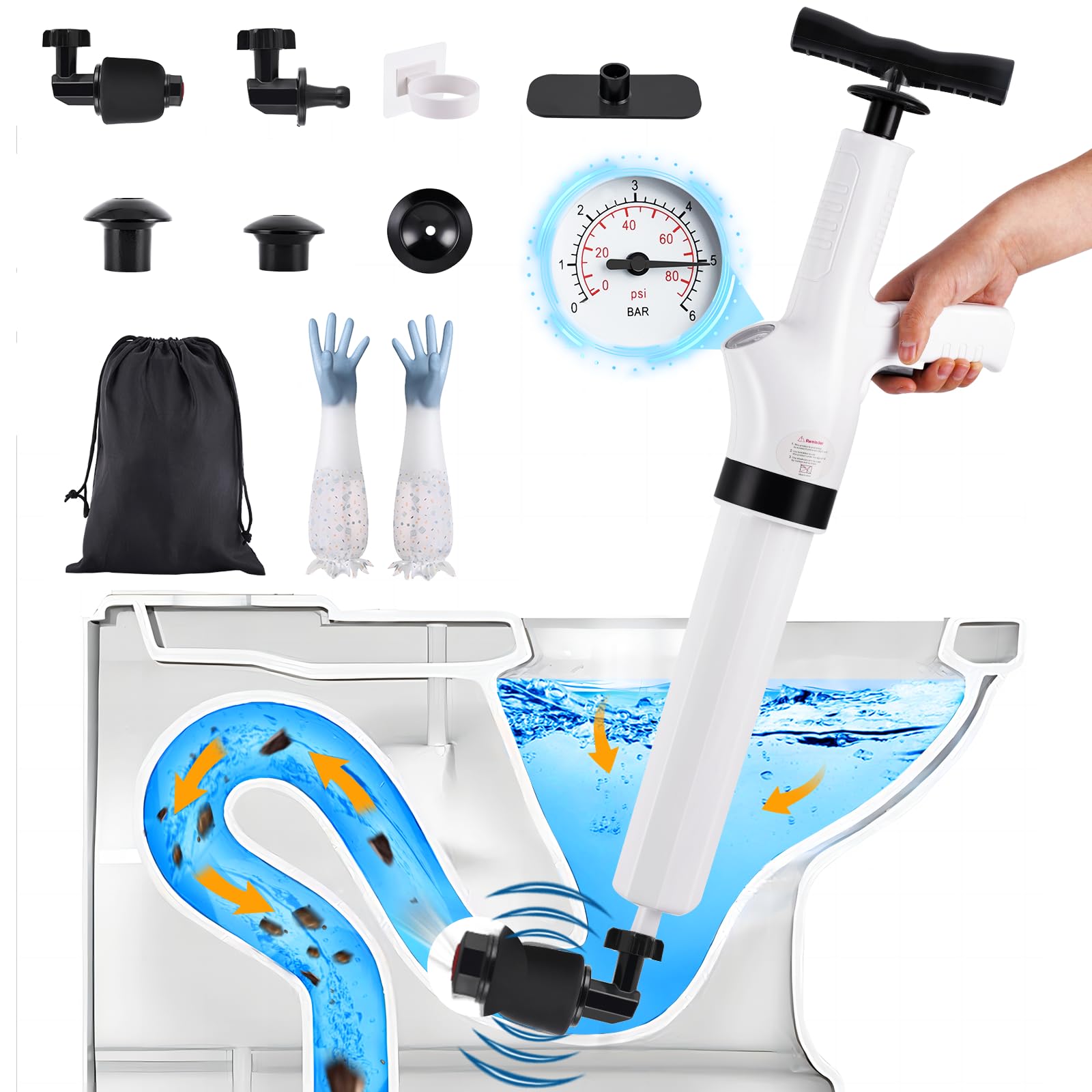 YUCHENGTECH Desatascador WC Desatascador a Presion Desatascador Inflable para Inodoro 5-in-1 Desatascador de Alta Presión para Desatascar el Desagüe del Inodoro/Lavabo/Bañera/Piso