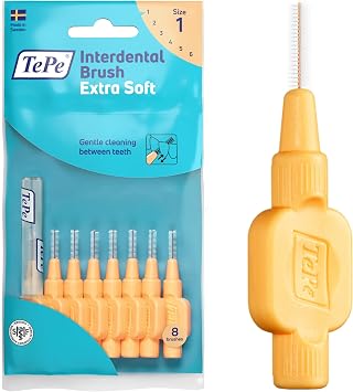 TePe Interdental Brush Extra Soft, Supersoft Dental Brush for Teeth Cleaning, Pack of 8, 0.45 mm, Extra-Small/Small Gaps, Orange, Size 1 | For sensitive gums and teeth, plaque removal, effective interdental cleaning, for tight spaces