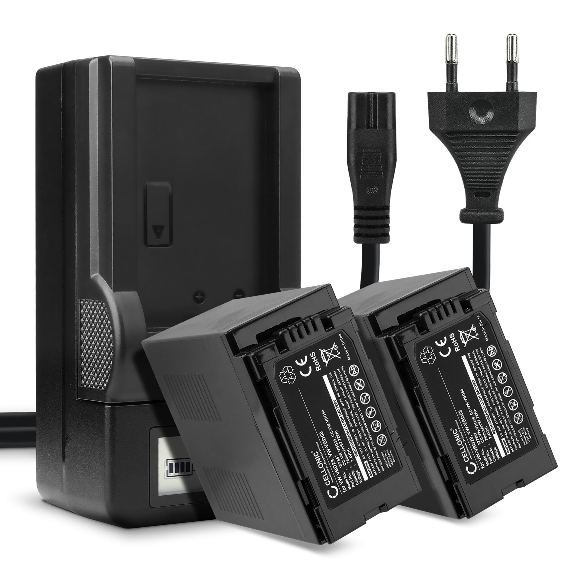 2 x CELLONIC akumulator zastępczy do aparatu VW-VBD29 VW-VBD58 VW-VBD78 do kompatybilności z Panasonic HC-X1, HC-X1000, HC-MDH3, VW-VBD29, akumulator zastępczy 7800 mAh + ładowarka do aparatu