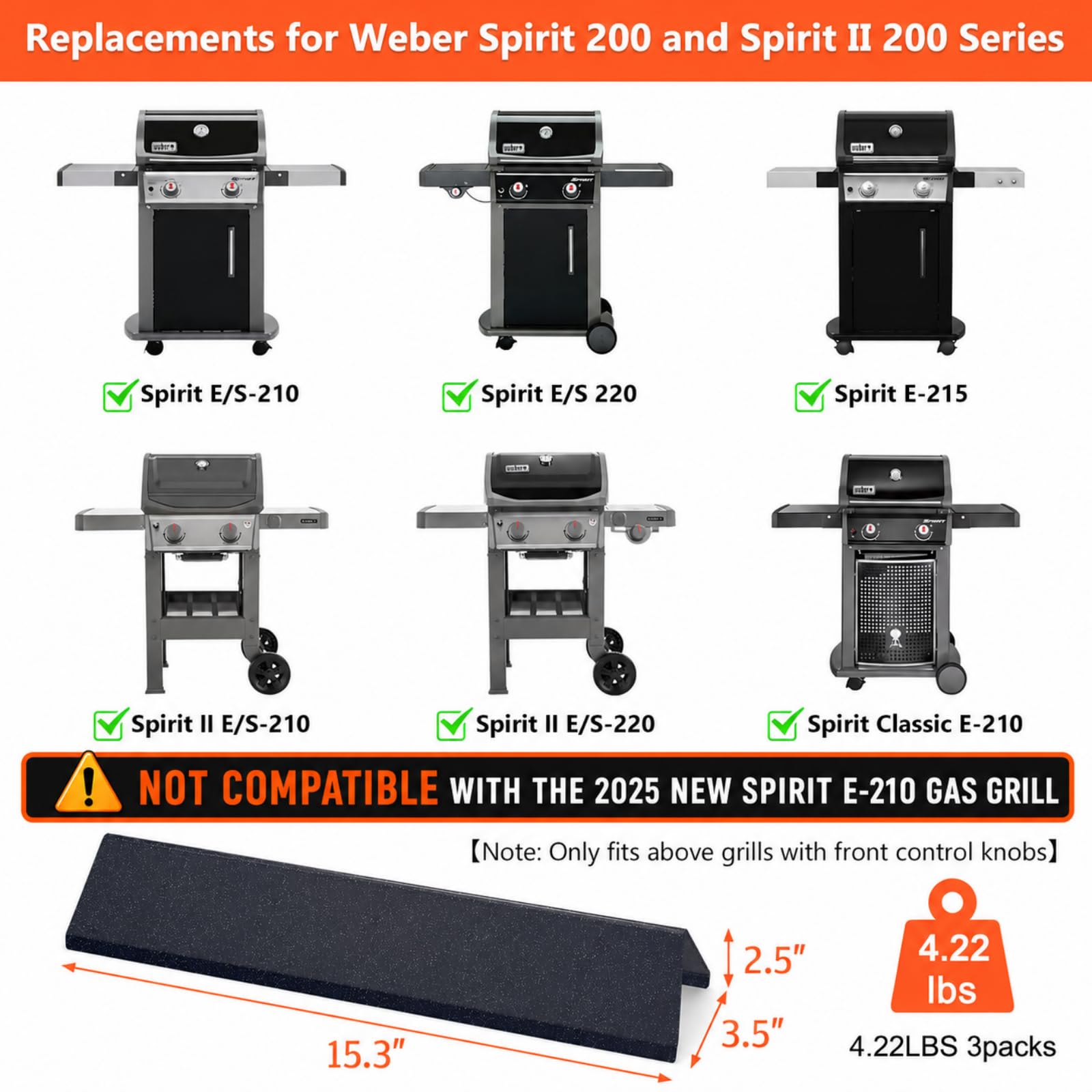 QuliMetal 7635 Barras Flavorizer para Weber Spirit E-210, E-220, S-210, S-215 (Control Frontal), 38,9 cm Acero esmaltado para Weber Spirit 200 & GS4 Spirit II E/S 210, 220, 215, 16GA