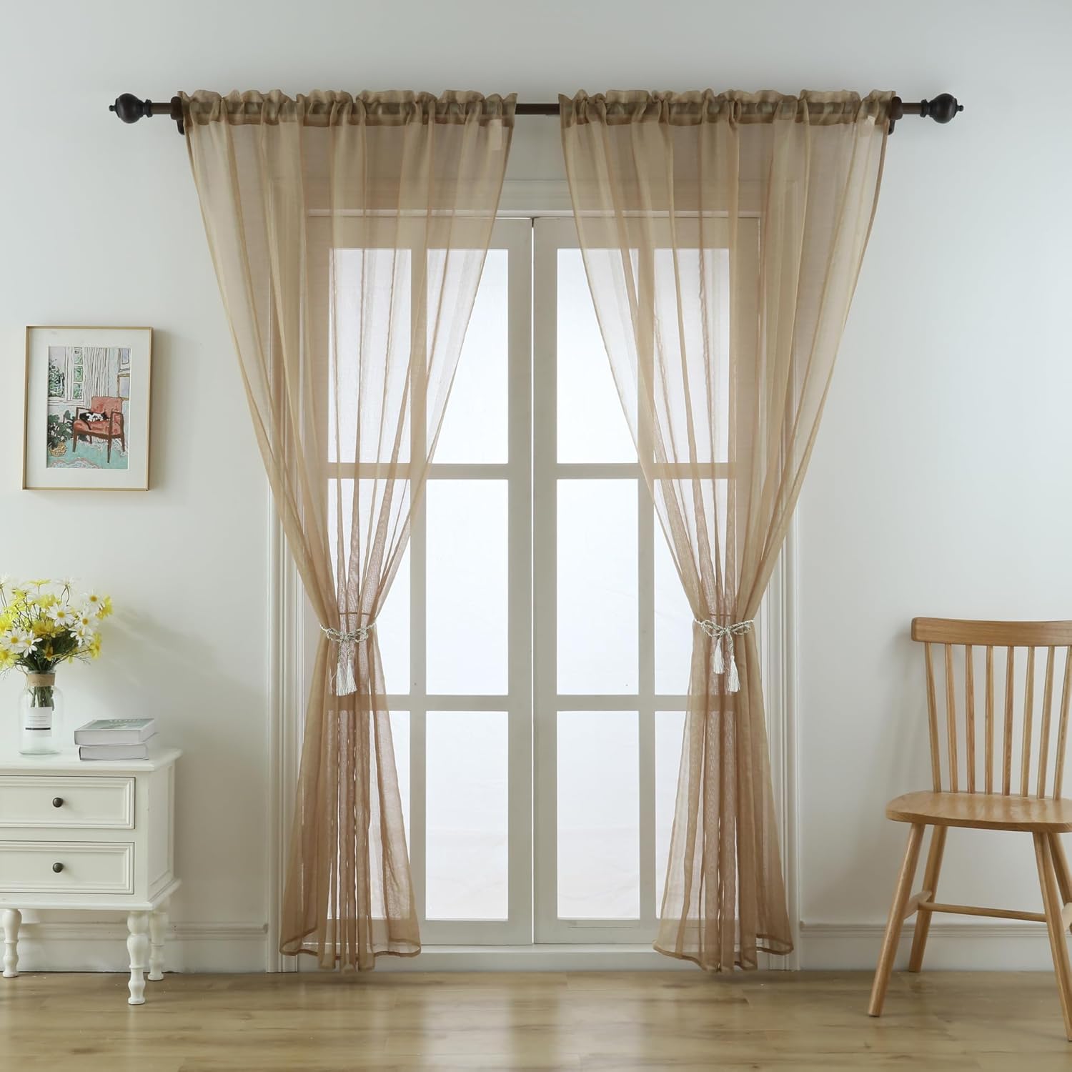 Imitation Cotton Linen Jacquard American Vertical Stripe Sheer Curtains Voile Gauze Home Decor for Living Room Bedroom(2 Panels, W 54 x L 84 inch, Beige)