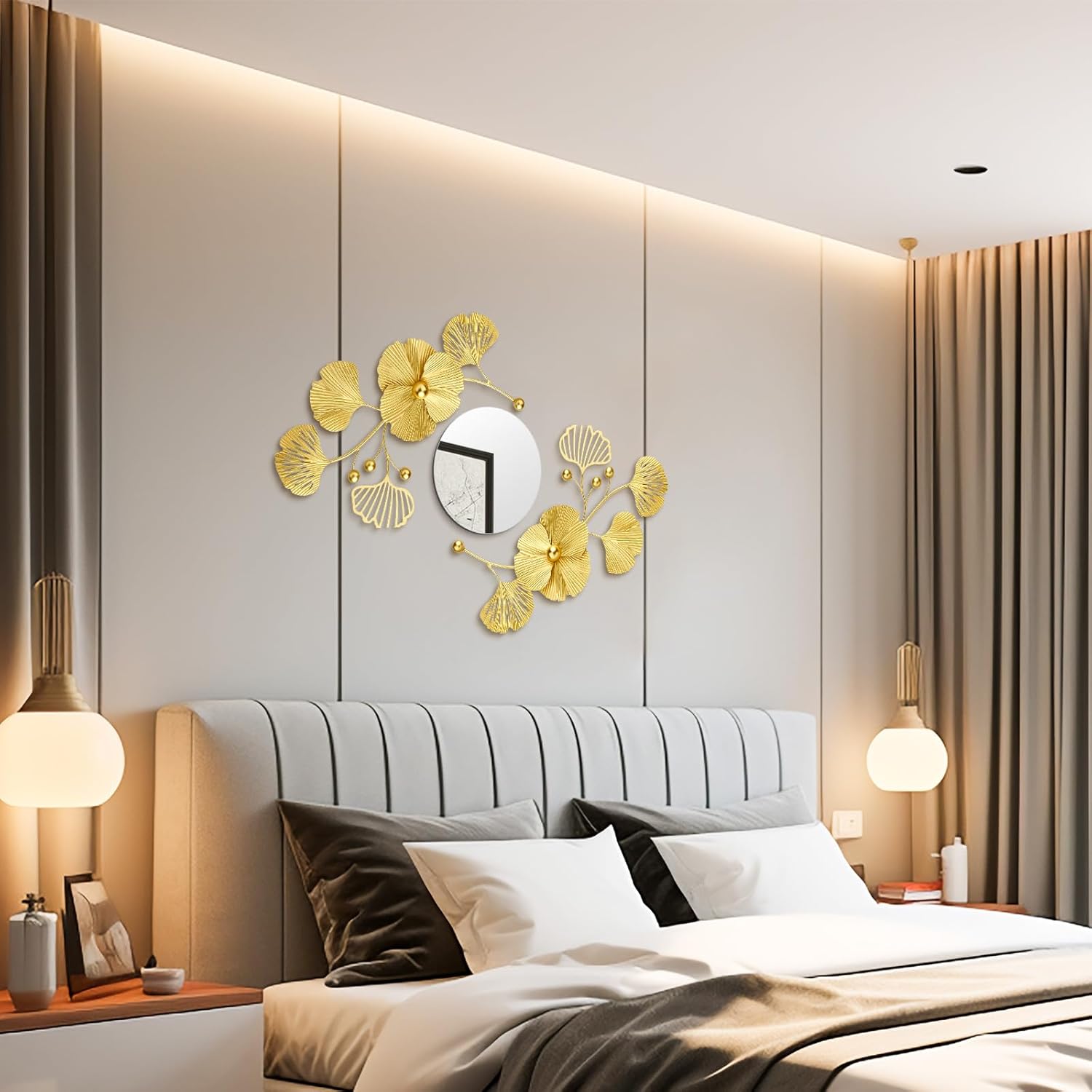 Tandefio 3 Pcs Metal Decorative Wall Mirrors for Living Room Metal Ginkgo Leaf Mirror Modern Creative Wall Decor Art Hanging Decor Mirror for Entrance Bedroom Living Room(Gold,16.inches)