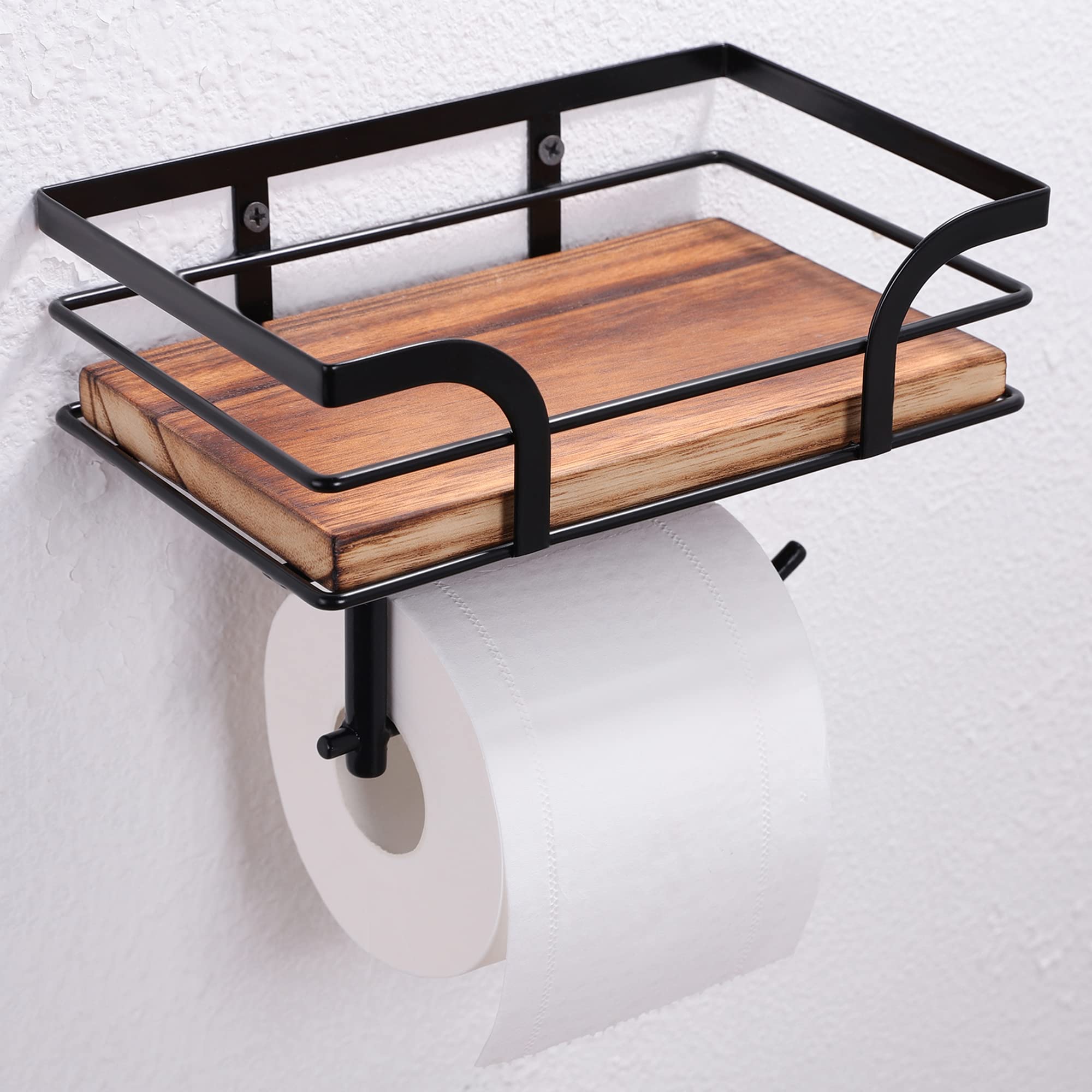 Porta Carta Igienica Con Ripiano In Legno E Metallo Nero, Con Contenitore Per Salviette, Montaggio A Parete Con Viti O Adesivo 3M, Stile Rustico