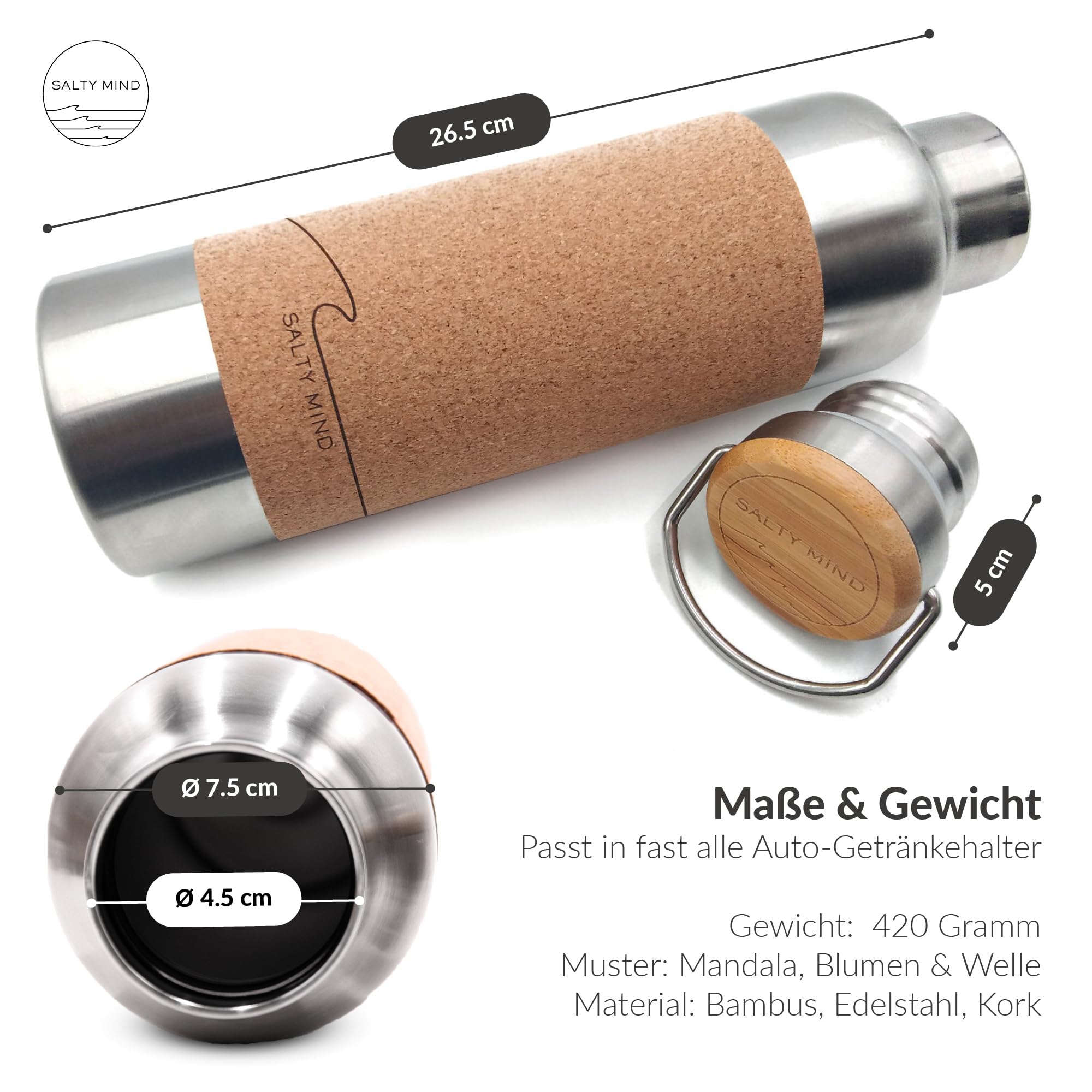 nachhaltige, isolierte Edelstahl Trinkflasche 750ml - Thermo Wasserflasche, auslaufsicher, schadstofffrei, geschmacksneutral | BPA frei, Kork,Tragegriff Yoga Büro - Welle Lasergravur