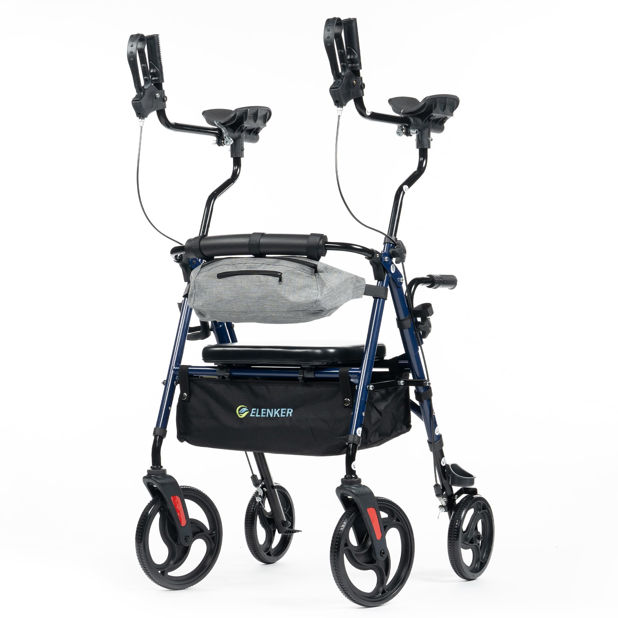 Upright Rollator Walker, Stand Up Walkers for Seniors with Armrest, Front Pouch, 10”Wheels, Sponge Padded Seat and Backrest, Fully Adjustment Frame, Blue
