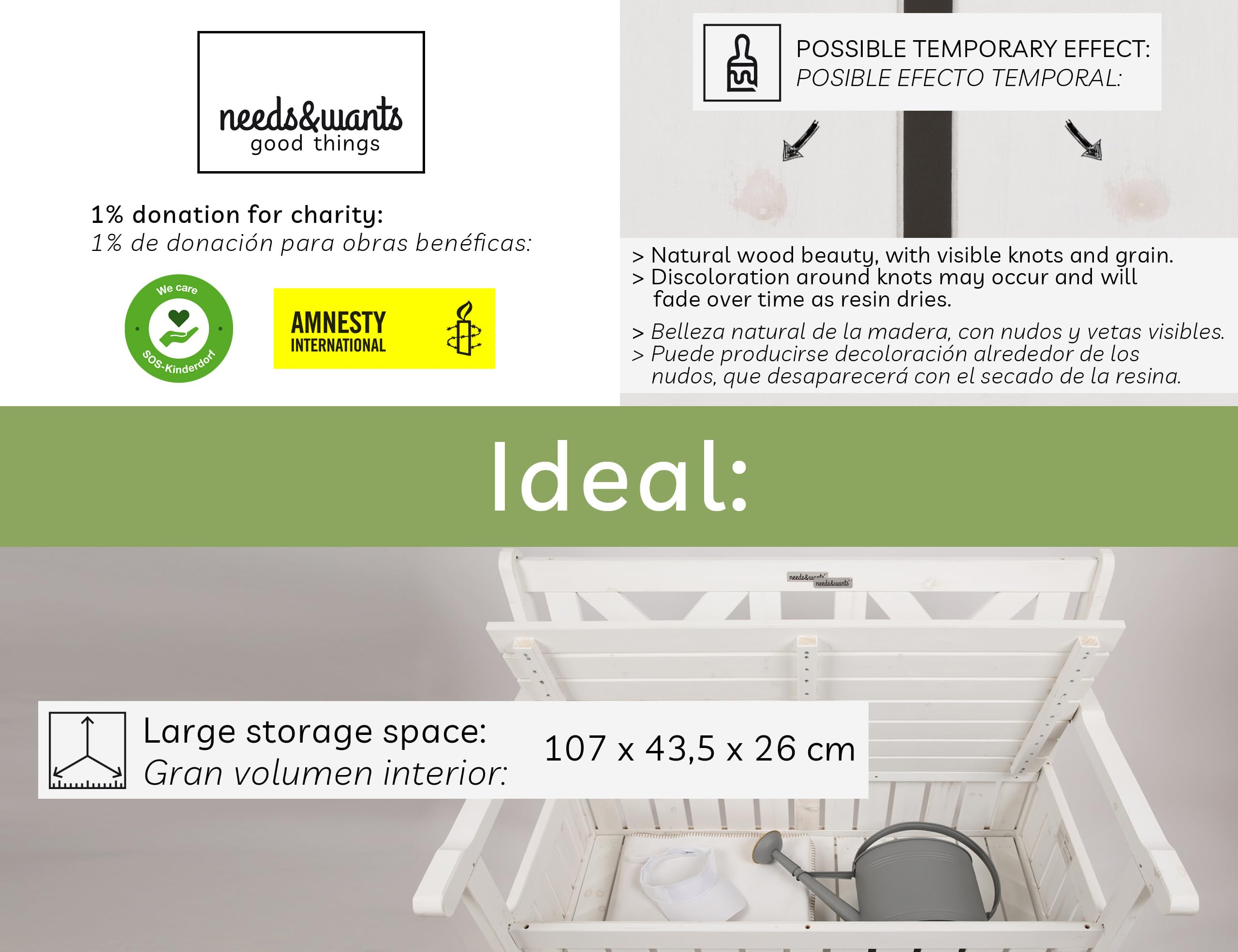 needs&wants® Banco de jardín de madera resistente a la intemperie con espacio para guardar cosas y funda, banco de madera clásico de 2 plazas con arcón, banco de jardín macizo con arcón madera natural