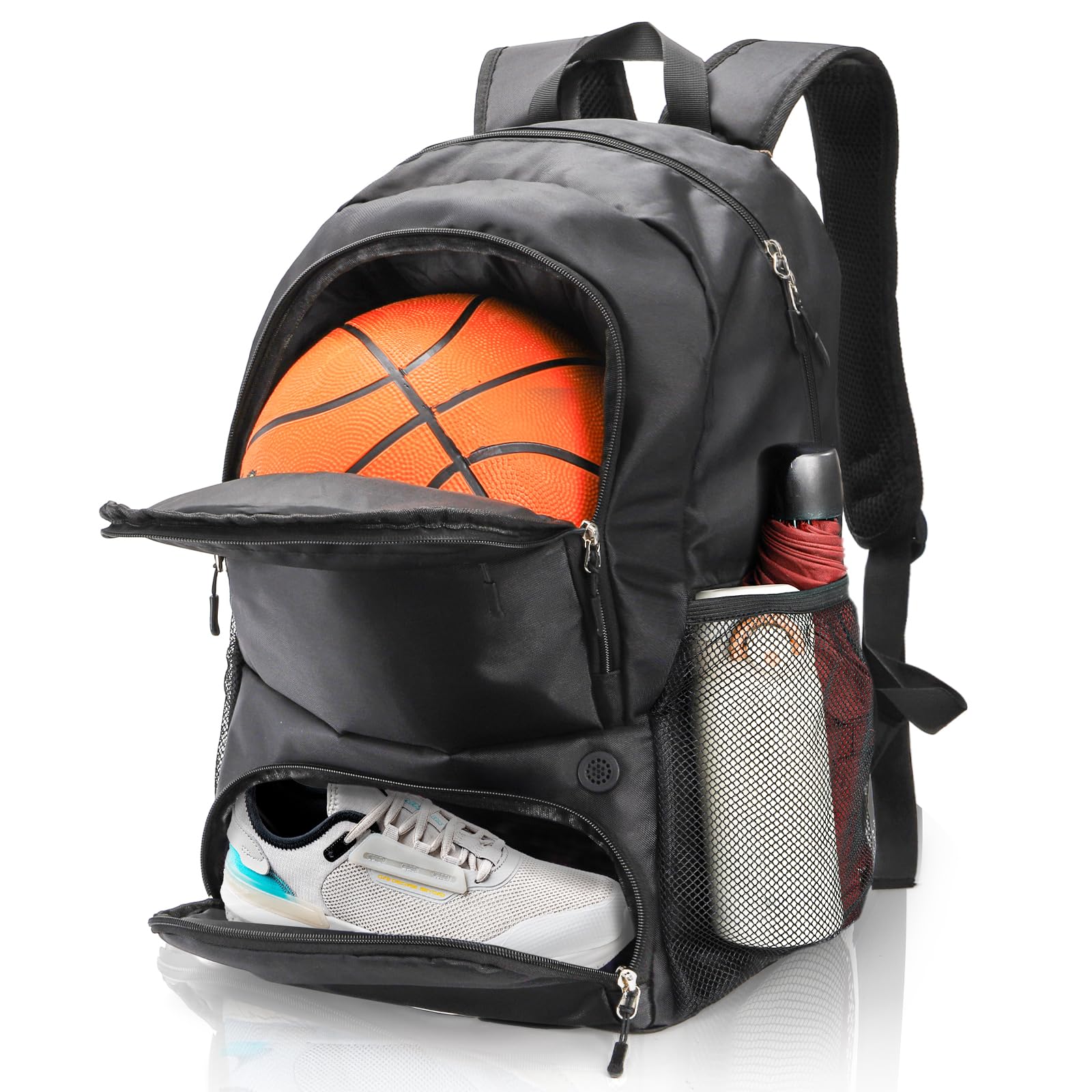 Nagpew Basketball Backpack, Large Soccer Bag with Separate Ball Holder Shoe Compartment, Black Sport Bag for Basketball, Soccer, Football, Volleyball,