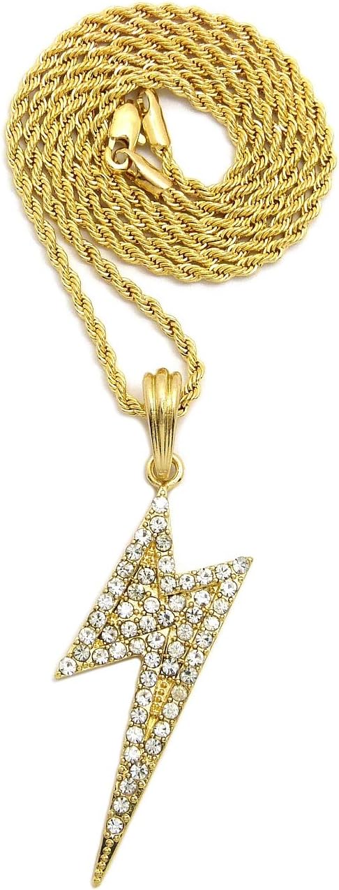 CBC Crown Stone Filled Lightening Bolt Style Pendant in 18"/20"/24" Box, Cuban, Franco or Rope Chain Necklace in Gold or Rhodium Tone
