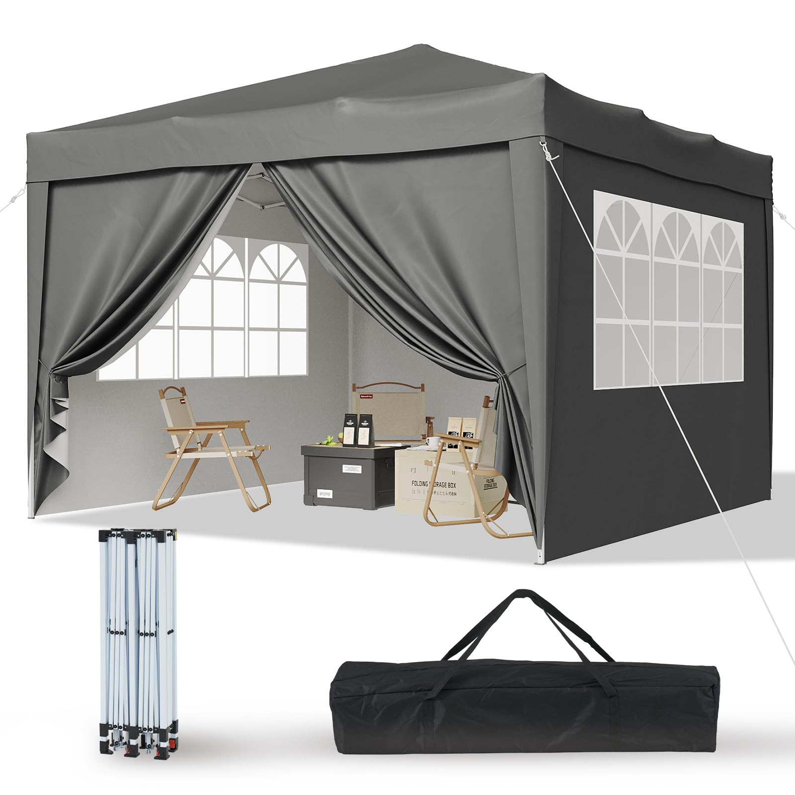 Aoxun Pop Up Gazebo with Sides 3m x 3m, Metal Frame Shelter Tent for Outdoor Garden Party, with Mesh Windows & Carry Bag,Grey